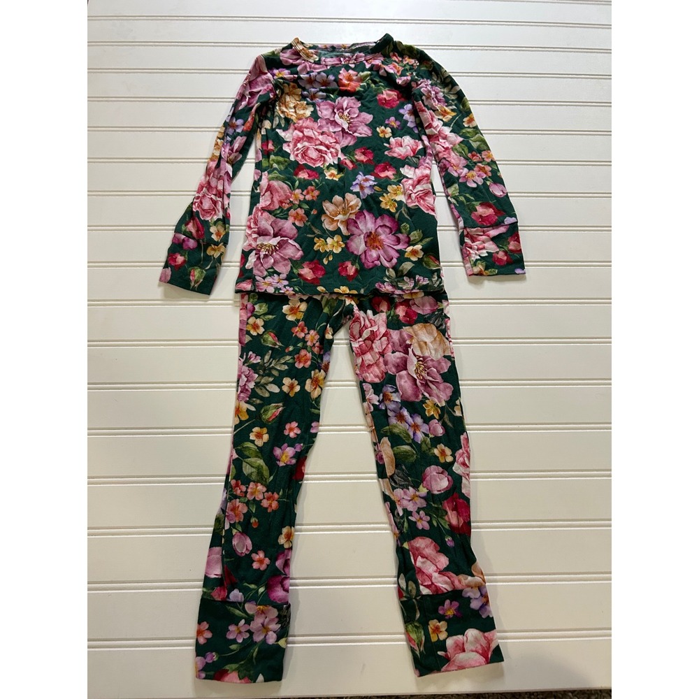 Posh Peanut Arsine Green Floral PJ set Girls 5T Bamboo Green Pink Long Sleeve